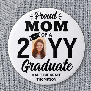 Graduate Photo Proud Mom Modern Black and White 3 Inch Round Button