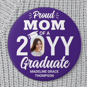 Graduate Photo Proud Mom Modern Purple and White 3 Inch Round Button