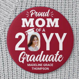 Graduate Photo Proud Mom Modern Red and White 3 Inch Round Button