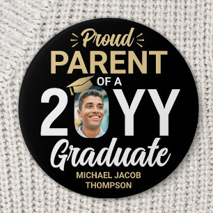 Graduate Photo Proud Parent Elegant Black and Gold 3 Inch Round Button