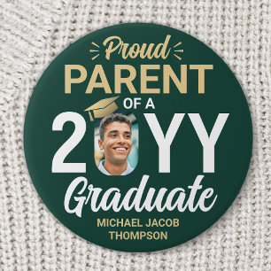 Graduate Photo Proud Parent Modern Green and Gold 3 Inch Round Button