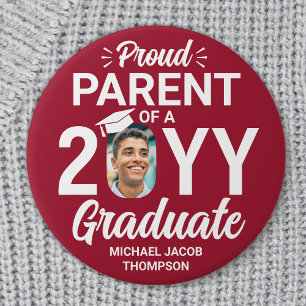 Graduate Photo Proud Parent Modern Red and White 3 Inch Round Button