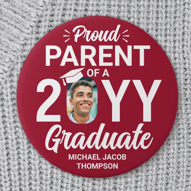 Graduate Photo Proud Parent Modern Red and White 3 Inch Round Button (Creator Uploaded)