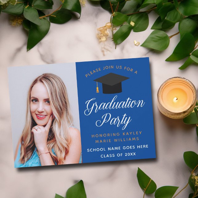 Graduate Photo Royal Blue Gold Graduation Party Invitation (Creator Uploaded)