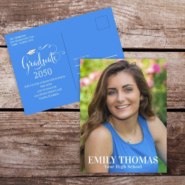 Graduate Photo Template Blue Stylish Simple Script Postcard (Creator Uploaded)