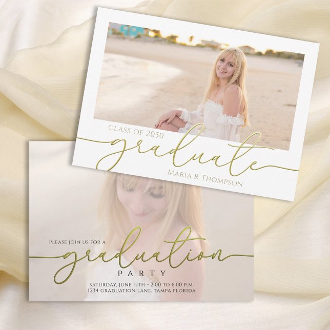 Graduate Photo Template Gold Typography Script  (Graduation photo invitation template with elegant gold calligraphy script. )