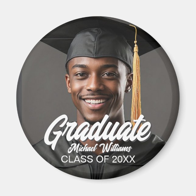 Graduate Photo w Bold Script Graduation Party Magnet (Front)
