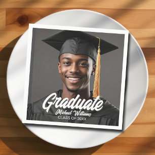 Graduate Photo w Bold Script Graduation Party Napkin