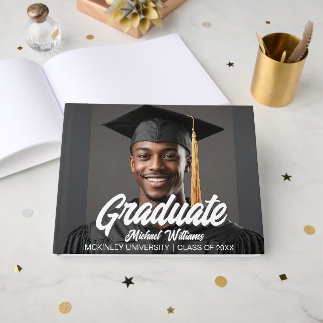 Graduate Photo with Bold Script Graduation Party Guest Book (Front Open)