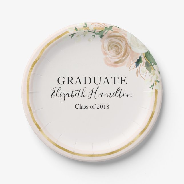 Graduate Pink Blush & Foil Gold Modern Chic Floral Paper Plate (Front)