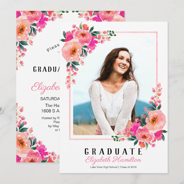 Graduate Pink Floral Frame Graduation Party Photo Invitation (Front/Back)