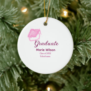 graduate pink glitter graduation cap add name clas ceramic ornament
