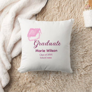 graduate pink glitter graduation cap add name clas throw pillow