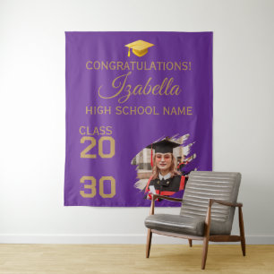 Graduate Purple Gold Script Graduation Party Tapes Tapestry