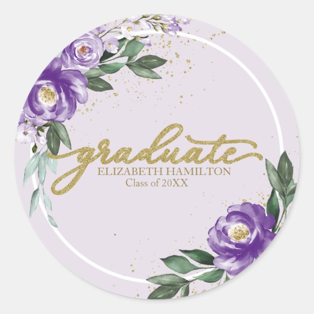 Graduate Purple Lavender Floral Graduation Party Classic Round Sticker (Front)