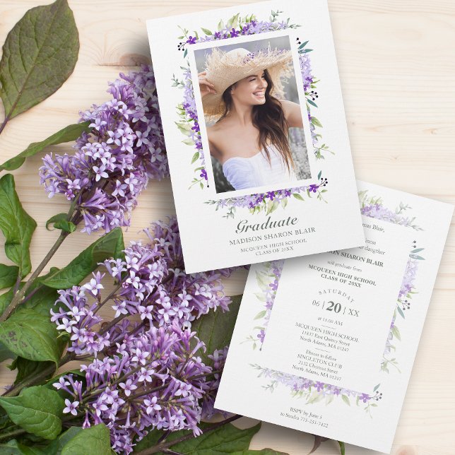 Graduate Purple Shades Flowers & Branches Photo Invitation (Creator Uploaded)