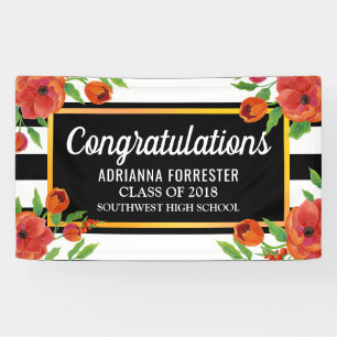 Graduate Red Florals   Black White Stripes Banner