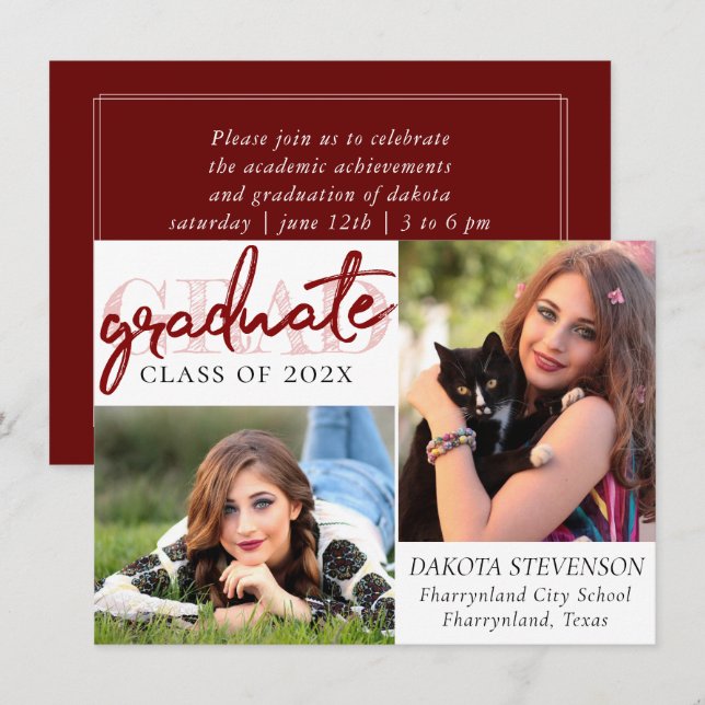 Graduate Red Script | Crimson 2 Photo Keepsake Invitation (Front/Back)