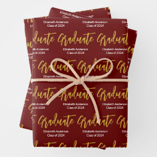 Graduate Red White Gold Grad Name Class of 2024  Wrapping Paper Sheet