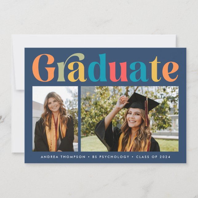 Graduate Retro Colourful Two Photo Graduation Announcement (Front)