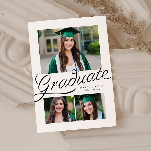 Graduate ribbon script three photo graduation announcement (Creator Uploaded)