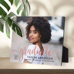 Graduate Rose Gold Script Photo Keepsake Plaque<br><div class="desc">A stunning graduation plaque featuring a full senior portrait with Graduate in flowing rose gold script, the graduate's name, school, and class year in coordinating type. The soft metallic script creates a beautiful feminine accent against any photo. Customize with a favourite portrait and details for a personalized tabletop keepsake or...</div>