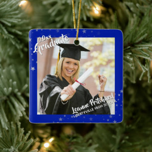 Graduate Royal Blue and Stars Two Photos Ceramic Ornament