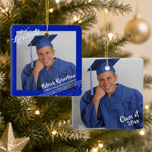 Graduate, Royal Blue Border & Stars, Two-Photo Ceramic Ornament