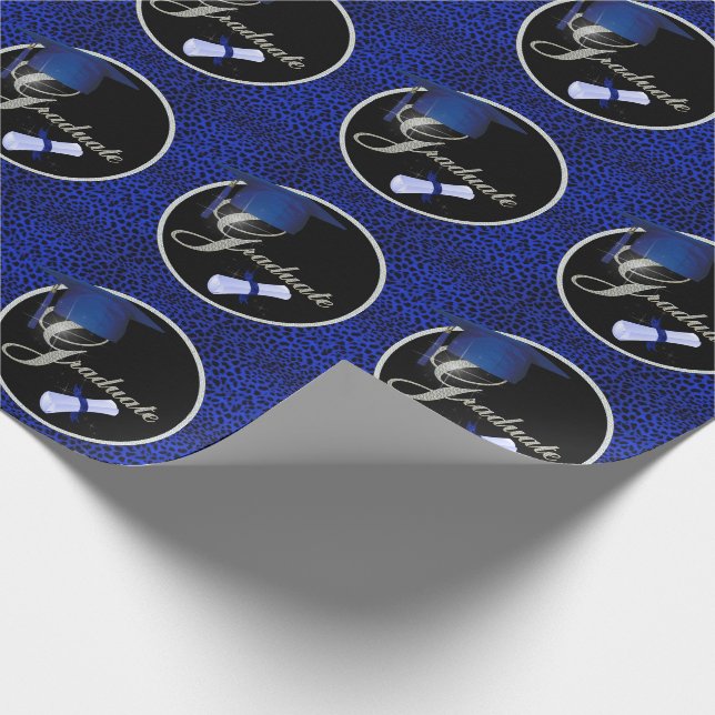 Graduate Royal Blue Cheetah Print with Black Wrapping Paper (Corner)