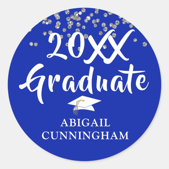 Graduate Royal Blue Confetti Brush Hand Lettered Classic Round Sticker (Front)