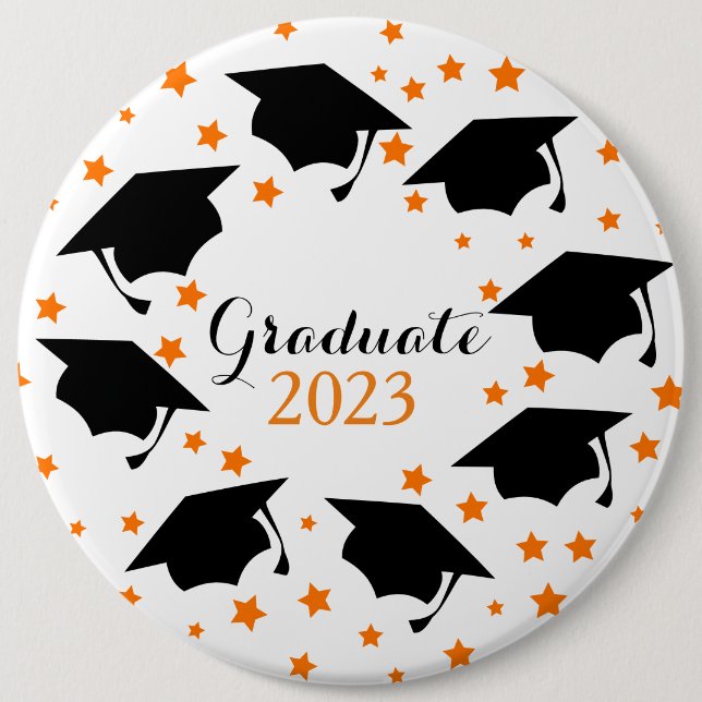 Graduate school black hat with star 6 inch round button (Front)