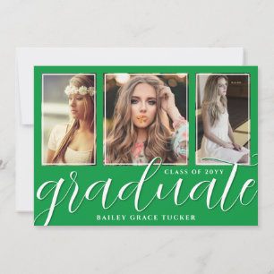 Graduate Script 3-Photo Bright Green Graduation Announcement
