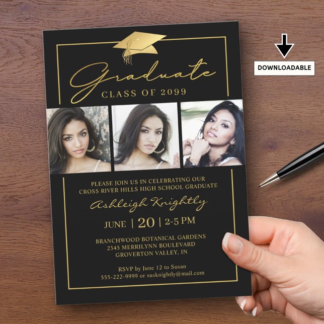 Graduate Script 3 Photos Black Gold Invitation (Creator Uploaded)