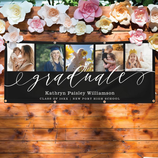 Graduate Script 5 Photo Collage Black Graduation Banner (Creator Uploaded)