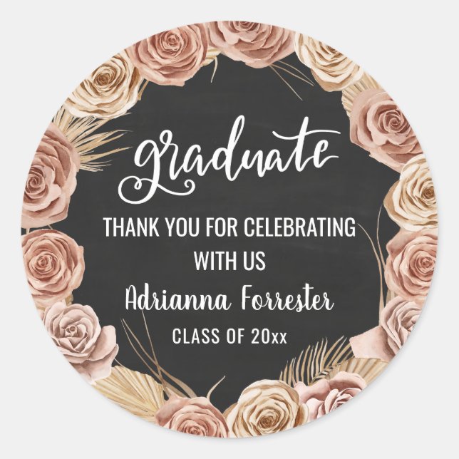 Graduate Script Boho Roses Wreath Chalkboard Classic Round Sticker (Front)