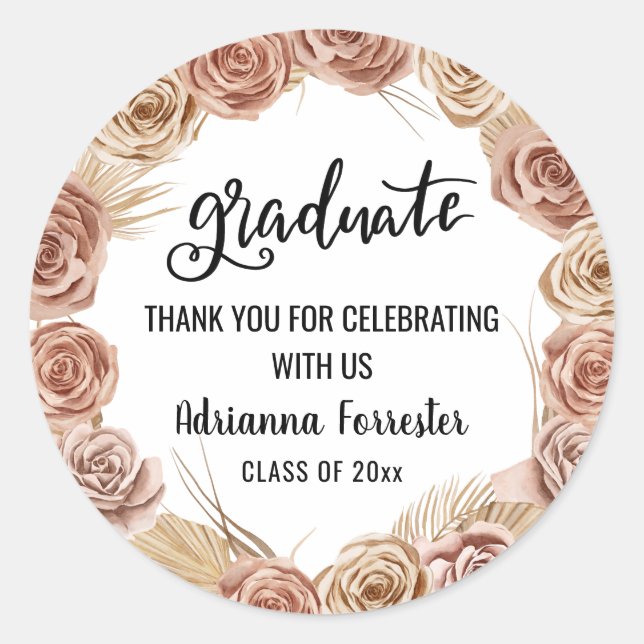 Graduate Script Boho Roses Wreath Classic Round Sticker (Front)