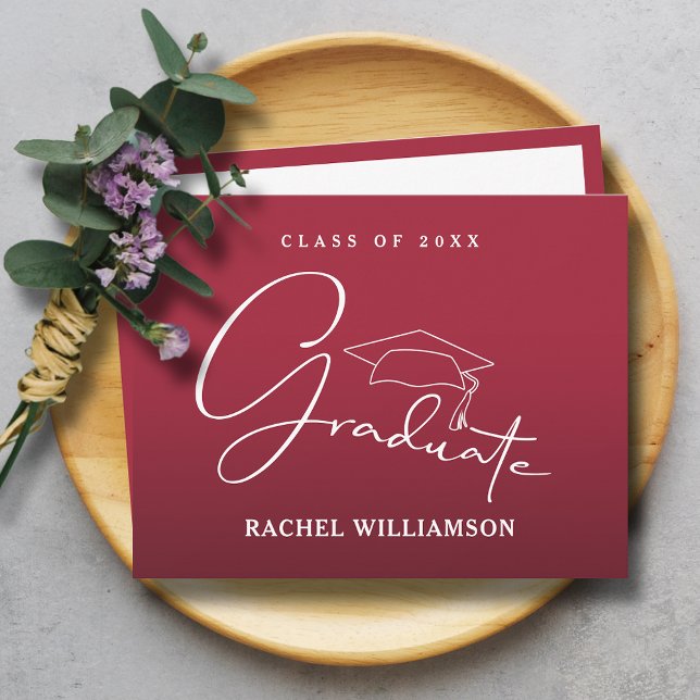 Graduate Script Crimson Red Thank You Card (Graduate Script Crimson Red Flat Thank You Note Cards,  write or print your message on the back)