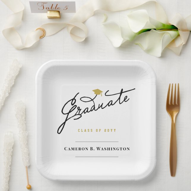 Graduate Script Grad Cap Simple Graduation Party Paper Plate (Wedding)