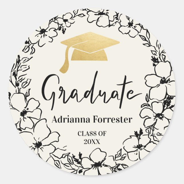 Graduate Script | Grad Hat Gold Floral Wreath  Classic Round Sticker (Front)