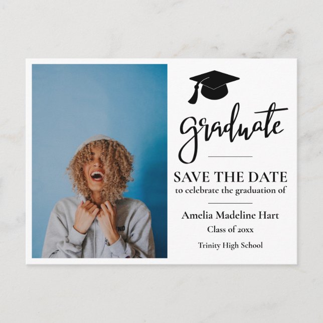 Graduate Script | Grad Hat | Save The Date Photo Postcard (Front)