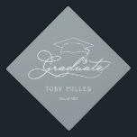 Graduate Script on Silver Grey Graduation Cap Topper<br><div class="desc">The word "graduate" in an elegant white script PLUS the name and year of your graduate on these silver grey graduation cap toppers. CHANGE THE TOPPER COLOR to anything! **TIP: Click on CUSTOMIZE button; click on COLOR box on top right; enter your colour hex code in the #xxxxxx box to...</div>