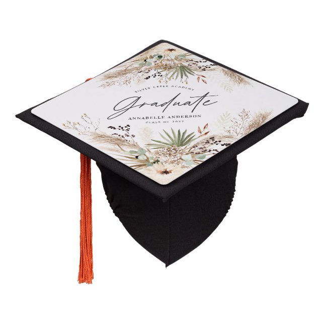 Graduate script pampas eucalyptus elegant decor graduation cap topper (Angled)