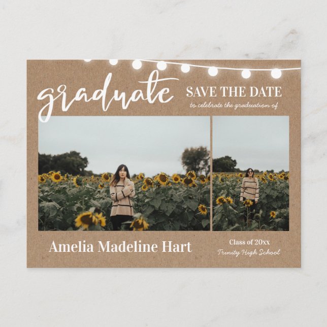 Graduate Script Rustic Kraft Paper Save The Date  Announcement Postcard (Front)