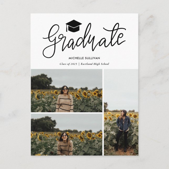 Graduate Script | Three Grad Photo Collage Announcement Postcard (Front)