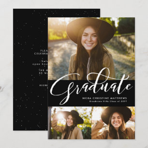 Graduate script three photo black graduation invitation