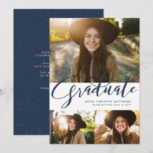 Graduate script three photo navy blue graduation invitation