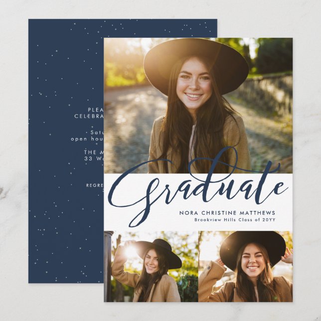 Graduate script three photo navy blue graduation invitation (Front/Back)