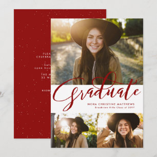 Graduate script three photo red graduation invitation