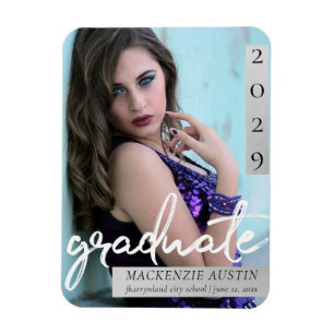 Graduate Script White Silver Photo Announcement Magnet