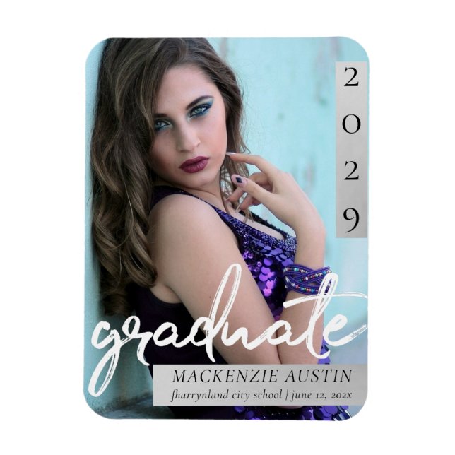 Graduate Script | White Silver Photo Announcement Magnet (Vertical)